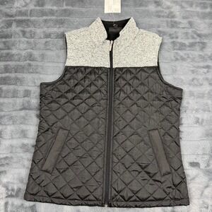 Jane Ashley Womens Quilted Vest Black Gray Knit Yoke Fleece Lined Medium RN59451